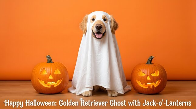 Happy halloween golden retriever dog dressed as a cute ghost sitting between two glowing jack o lanterns