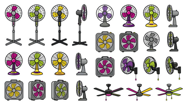 Set of various electric fan icons including standing desk box wall and ceiling fans vector illustration, illustrating home cooling equipment and representing summer climate control