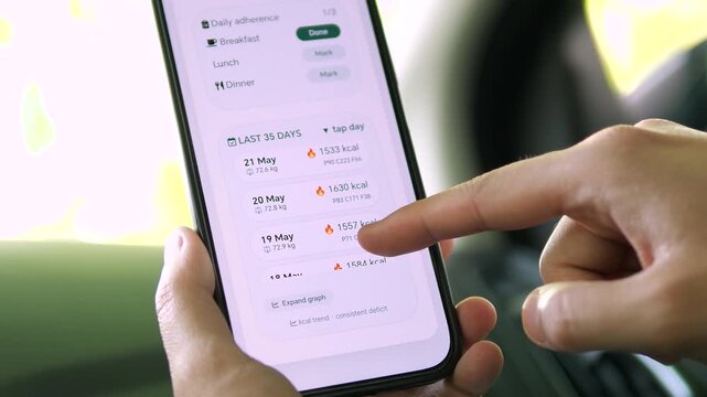 Smartphone displaying daily meal adherence app with breakfast, lunch, dinner tracking. Screens show weight history from 73.9kg to 72.4kg with calorie and macro breakdowns. Perfect for content about we