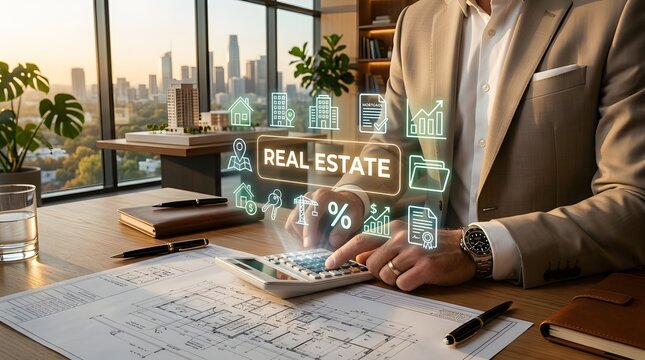 Real Estate Icons Floating Above Calculator And Architectural Plans Photo