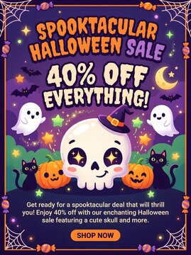 Cute Halloween Sale Promotion Design with Skull Character and Spooky Discount Concept