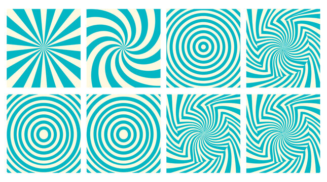 Collection of retro cyan blue and cream sunburst spiral and concentric circle swirl background patterns, illustrating dynamic creative cover graphic design and symbolizing modern visual hypnosis art