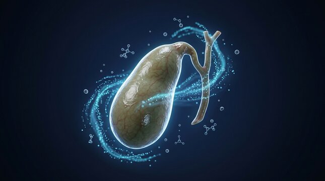 Anatomical gallbladder illustration with blue energy particles gallbladder digestion gastrointestinal particles medicine physiology clinical healthcare