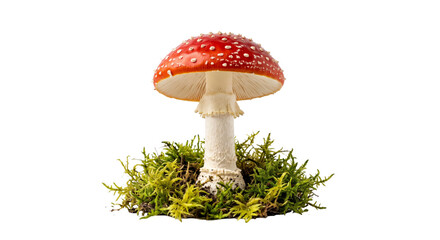 Fototapeta premium Iconic red and white spotted Amanita muscaria mushroom growing in moss