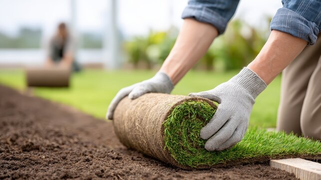 A person wearing gloves is rolling out fresh sod on soil to install new grass in a garden or yard.