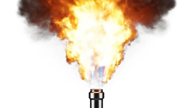 A powerful gas flame erupts from a metal pipe nozzle