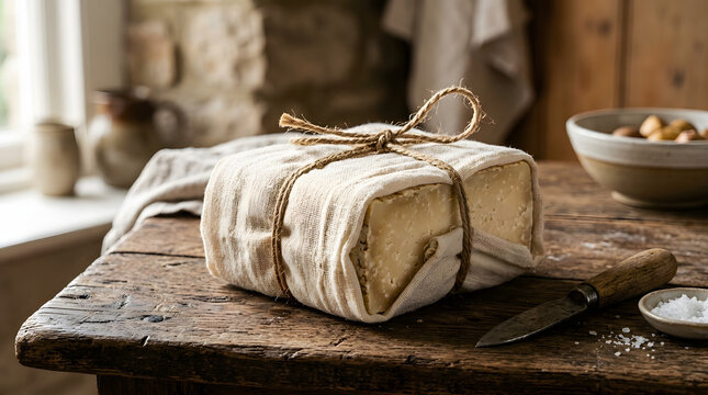 A block of artisanal cheese wrapped in natural linen fabric tied with twine