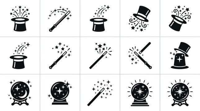 Set of black magic icons featuring top hats wands crystal balls and sparkling stars on white background, Symbolizing mystery show design, illustrating wizardry entertainment concepts