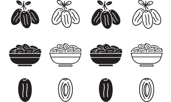 Date fruit icon set with 12 vector elements, dried dates in bowls and clusters, minimalist black and white food illustrations for packaging