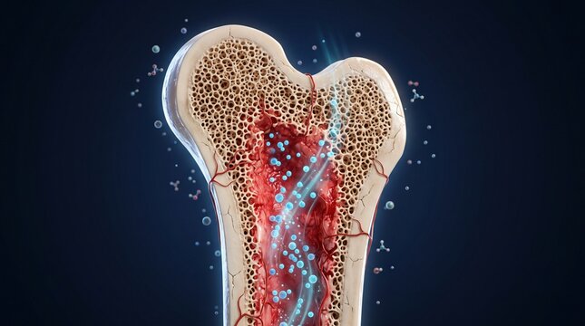 Microscopic view of healthy human bone structure showing bone marrow and internal tissue composition in 3D medical render with skeletal osteology orthopedic