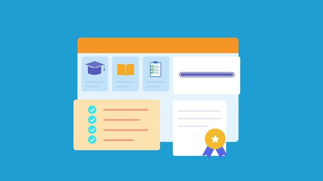 Minimal animated education dashboard interface featuring online learning, lesson management, certificate achievement, progress tracking, and course workflow. Modern motion graphic for e learning, trai