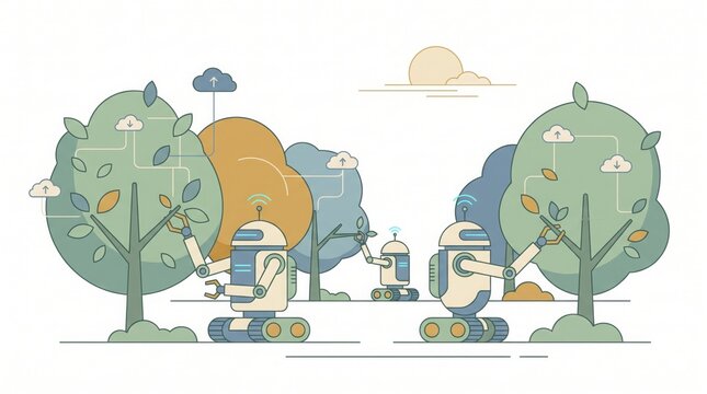Robots gardening in a forest. Automated machines caring for trees in a nature park.
