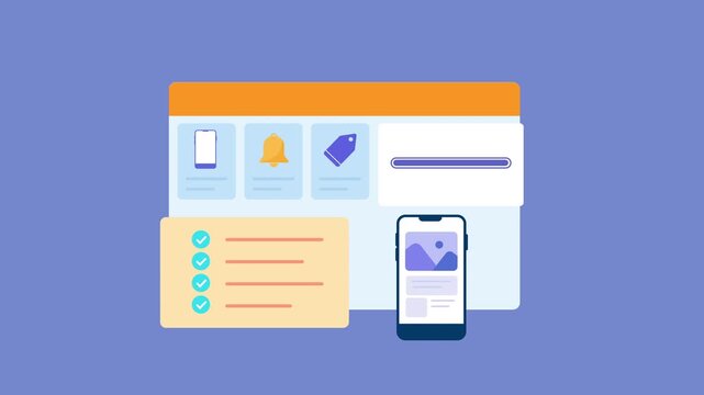 Minimal animated responsive dashboard interface featuring mobile preview, task management, media gallery, analytics, and workflow panels. Modern motion graphic for productivity, business, and technolo