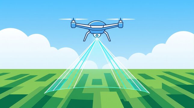 Drone scanning agricultural field. Smart farming technology monitoring crops from above.