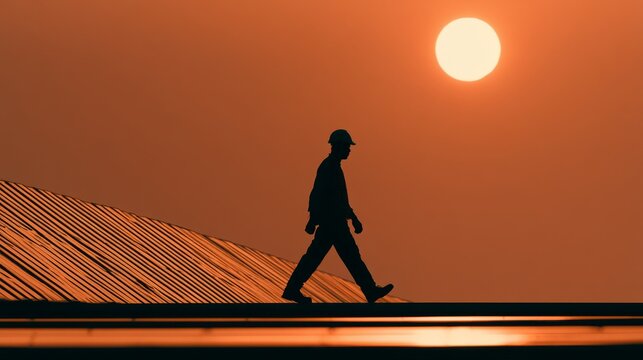 Solar Technician at Sunset Among Panels
