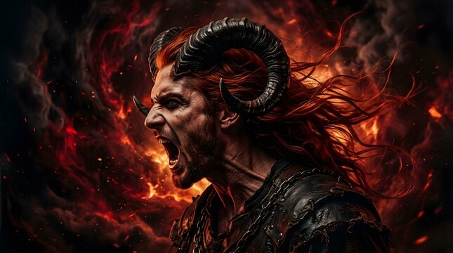Fierce horned demon screaming in a fiery hellscape for a dark and scary happy halloween holiday concept