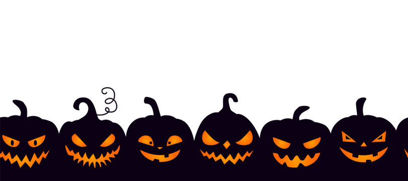 Pumpkin halloween border with glowing jack lantern silhouettes. Spooky dark vector frame with scary orange glowing faces isolated on white background, ideal for halloween banner or party poster.