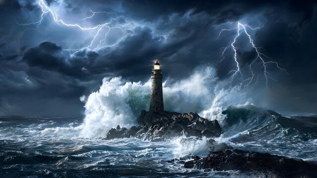 Bright lighthouse stone tower stormy dark sea violent ocean waves electric lightning.