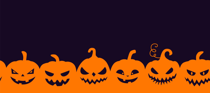 Pumpkin halloween border with orange jack o lantern silhouettes. Spooky dark vector background frame with scary faces at the bottom, ideal for halloween banner, party poster, invitation.