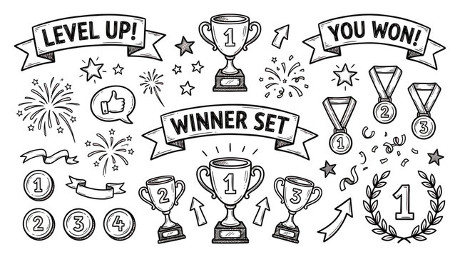 Hand drawn doodle vector set of winner trophies, medals, banners, fireworks, stars and reward icons on white background, symbolizing gaming achievement, illustrating business success victory