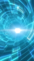 Naklejka premium Futuristic cyan light tunnel with glowing grid lines and bright central portal, symbolizing digital technology, speed, and energy.