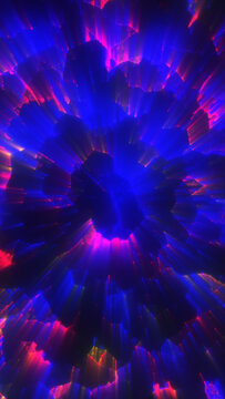 Vivid blue and magenta neon crystal tunnel with glowing radial beams, futuristic depth, and abstract digital energy.