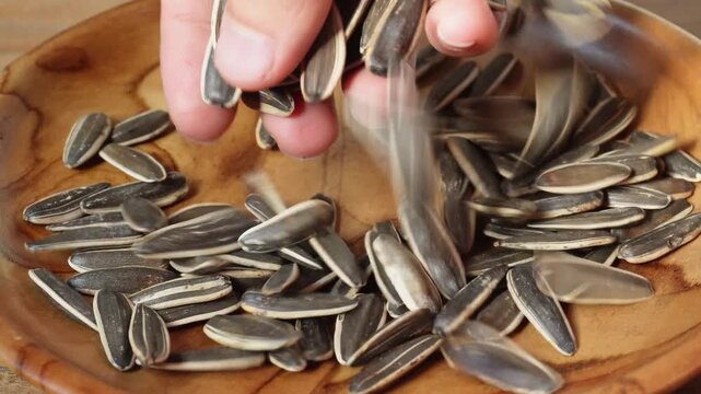 Hand dropping sunflower seeds on the wooden table