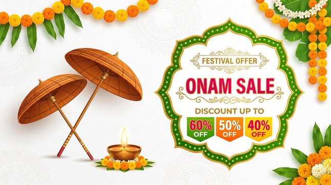 Onam sale promotion banner decorated floral wreath with umbrella. South India Kerala traditional festival discount offer. Vector illustration.