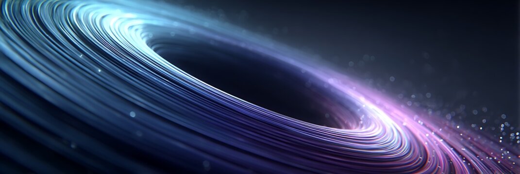 Abstract cosmic vortex representing a black hole with glowing blue and purple light trails swirling into a dark gravitational singularity in deep outer space environment