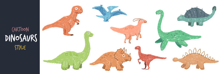 Cute cartoon dinosaurs vector set drawn in crayon pencil hand drawn style isolated on white background for kids book or game design.  © vvvisual