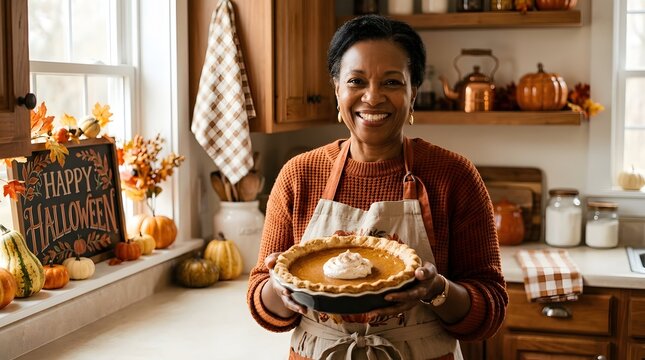 A smiling woman holding a freshly baked pumpkin pie in a cozy kitchen for a happy halloween celebration