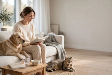 Naklejka na ściany i meble Woman Reading Book with Dog and Cat at Home
