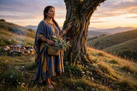 Woman with Basket of Herbs by Ancient Tree