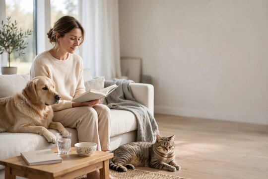 Woman Reading Book with Dog and Cat at Home