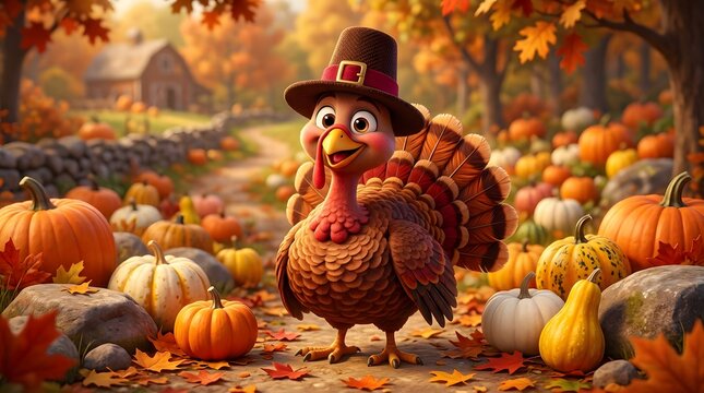 A cute turkey wearing a pilgrim hat standing in a pumpkin patch to celebrate a happy halloween