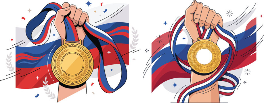 Hand holding golden medal with ribbon on a background of russian colors