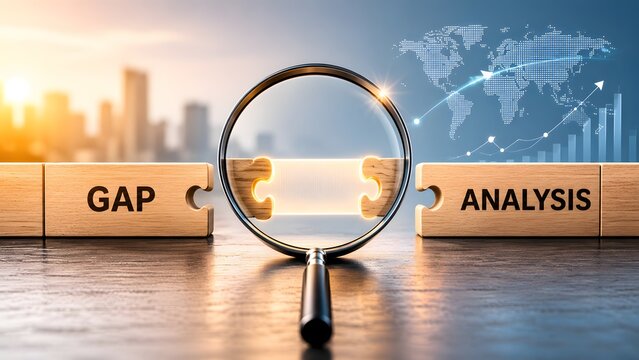 Magnifying glass focusing on a glowing puzzle bridge between gap analysis blocks. Concept of business strategy evaluation in corporate consulting.