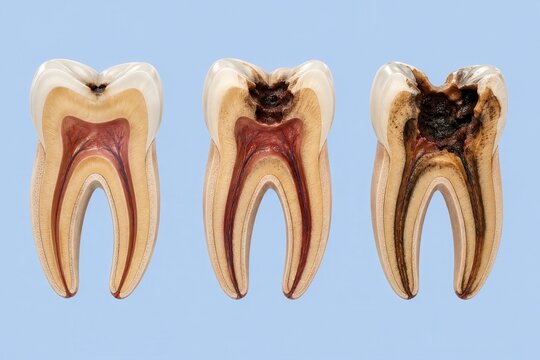 Stages of tooth decay from healthy tooth to severe cavity