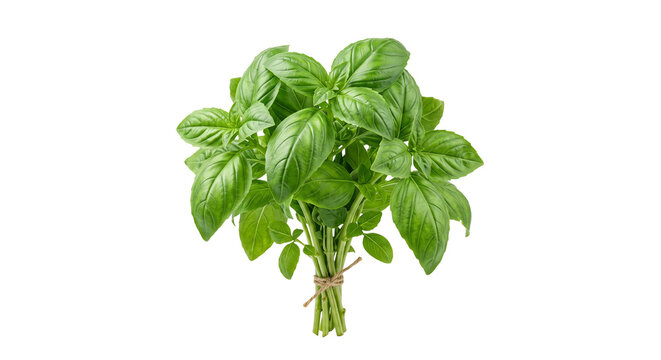 Fresh bunch of green basil leaves tied with twine on a white background
