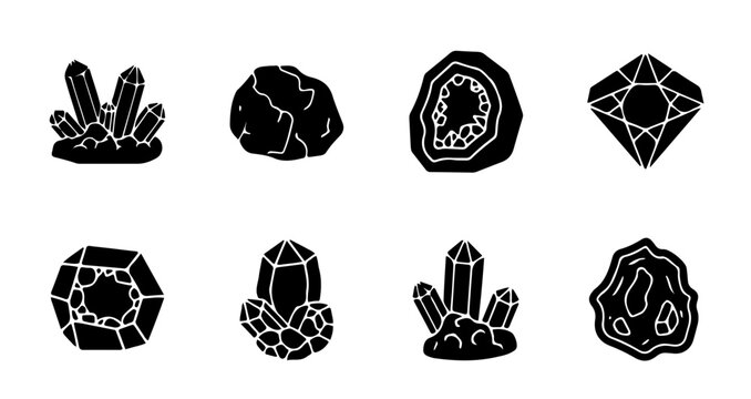 Minerals crystals and precious gems black glyph icons set for geology and gemology