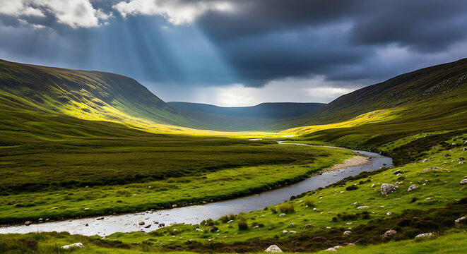 Scenic valley landscape with winding river and dramatic cloud formations illuminated by sunbeams mountains clouds