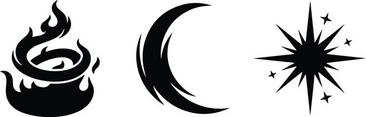 Fototapeta premium Magic Cauldron, Crescent Moon and Compass Star Black Vector Icon Set Isolated on White Background