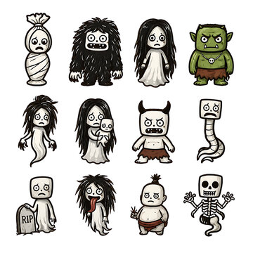 Cute Cartoon Indonesian Ghost and Urban Legend Monsters Vector Illustration Collection Isolated on White Background