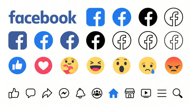 Facebook social media logo and wordmark icon set including reactions like heart, care, and emojis with UI navigation elements for home, messenger, marketplace, video, notifications, and group.