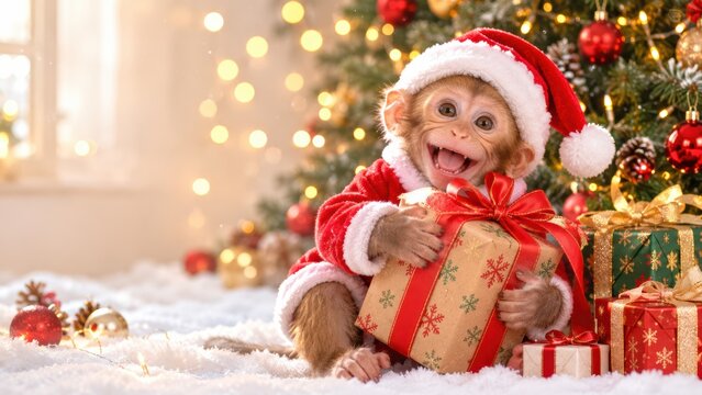 cheerful baby monkey dressed in a Santa suit holds a gift, surrounded by Christmas decorations and presents under a decorated tree.