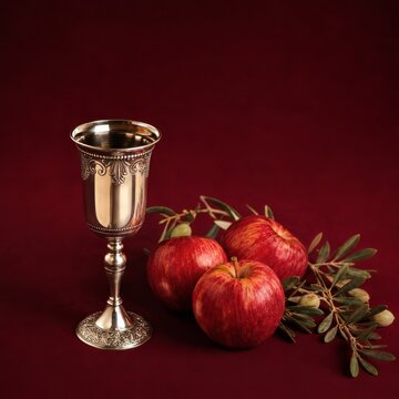 Silver kiddush cup with red apples on burgundy fabric