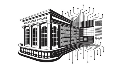 Very beautiful black and white realistic vector illustration of HISTORIC LIBRARY + DIGITAL KNOWLEDGE HUB featuring a bold architectural label reading "KNOWLEDGE EVOLVES", engraved bookshelves merging  © ehsanollah