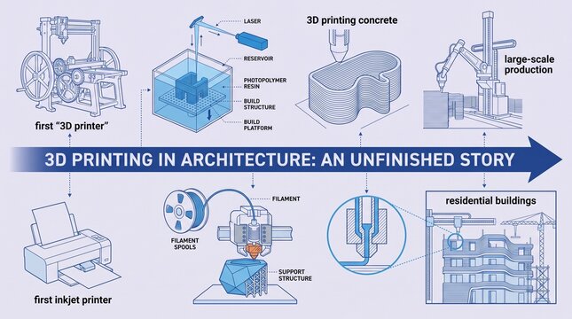 3D printing revolutionizing modern architecture design process. Digital fabrication transforming construction with innovative additive manufacturin...