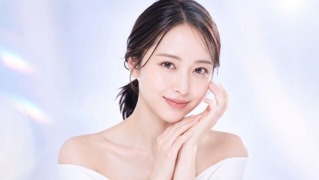 虹色の光が差し込む明るい空間で、両手を顔のそばに添えながらカメラへ優しく微笑む若い日本人女性の透明感あるスキンケアポートレート