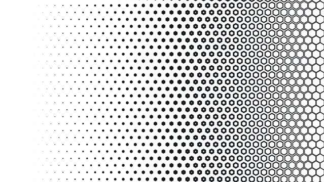 Black and white abstract hexagon halftone background with a horizontal gradient shifting from tiny solid dots on the left to a hollow thin lined honeycomb grid on the right
